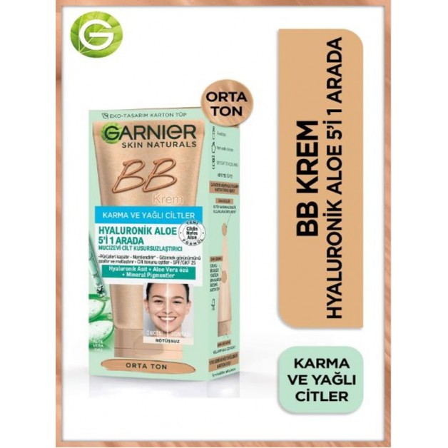Garnier Bb Krem & Hyaluronik Aloe Vera Özlü Karma Ciltler İçin Orta Ton 50ml